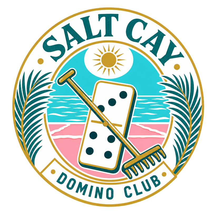 Salt Cay Domino Club emblem: a domino tile crossed with a salt rake